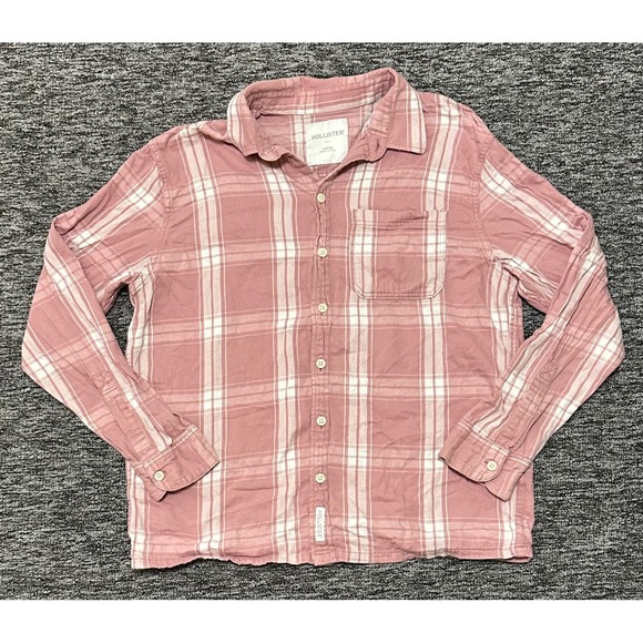 Hollister Tops - Hollister Womens L Pink White Plaid Flannel Button Down Shirt Cotton Long Sleeve